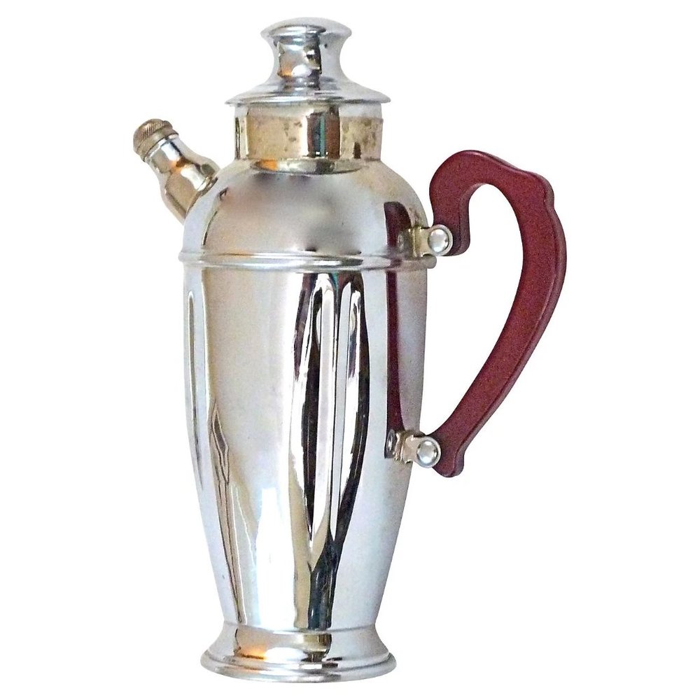 Vintage Chrome red Bakelite Cocktail martini shaker with handle art deco